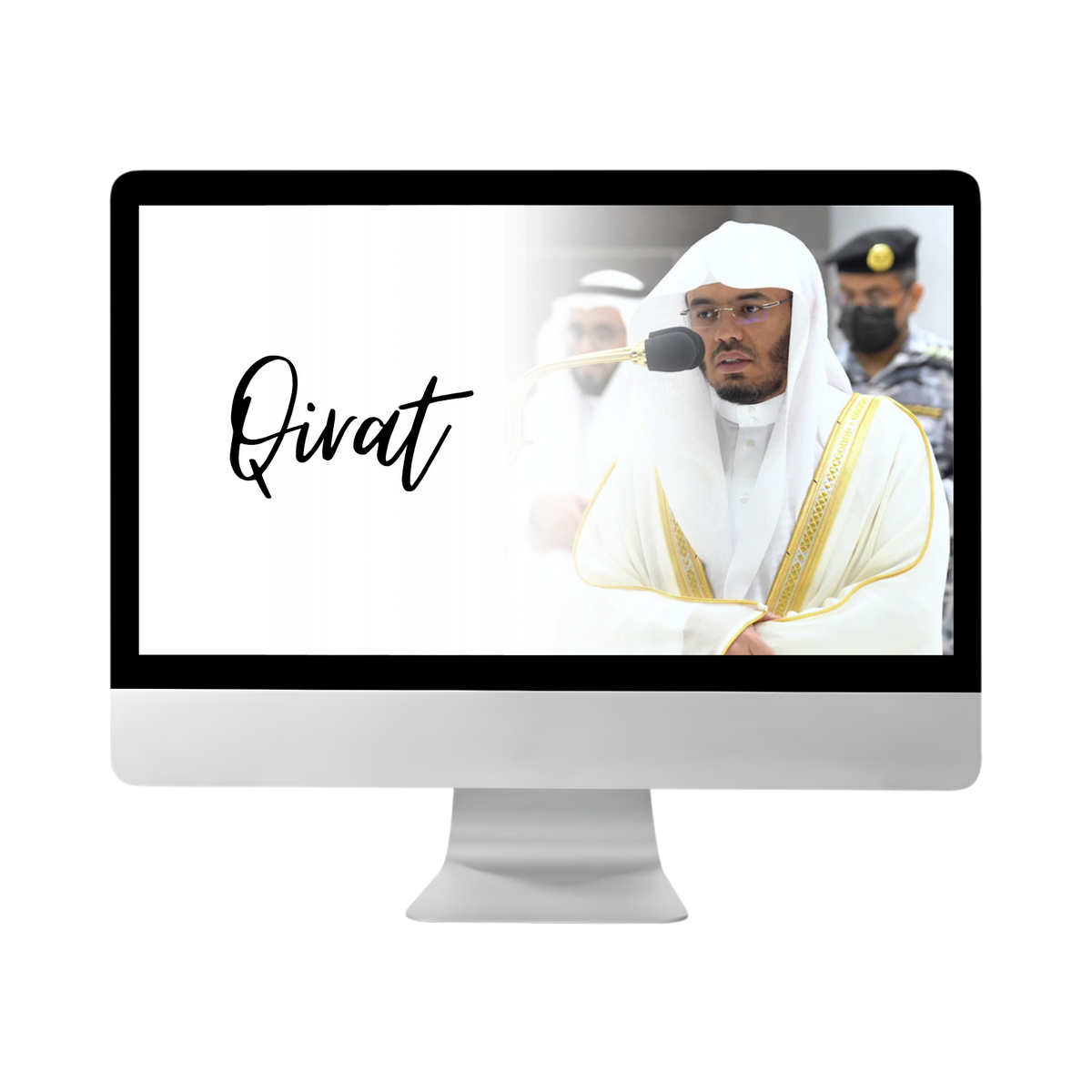 Computer monitor displaying the word Qirat alongside an Imam reciting, representing Dini Ilm's online Quran recitation course.