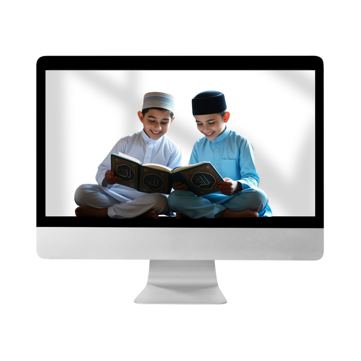 Young Muslim child reading the Quran with focus and care