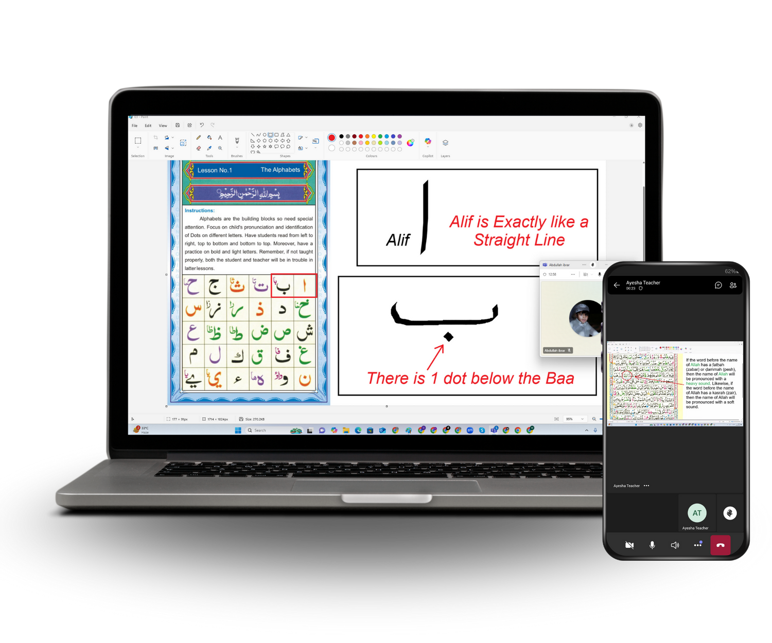 Digital rendering of a laptop and mobile phone exhibiting foundational Arabic alphabet resources, tailored for Dini Ilm's online Quran tuition in the UK.